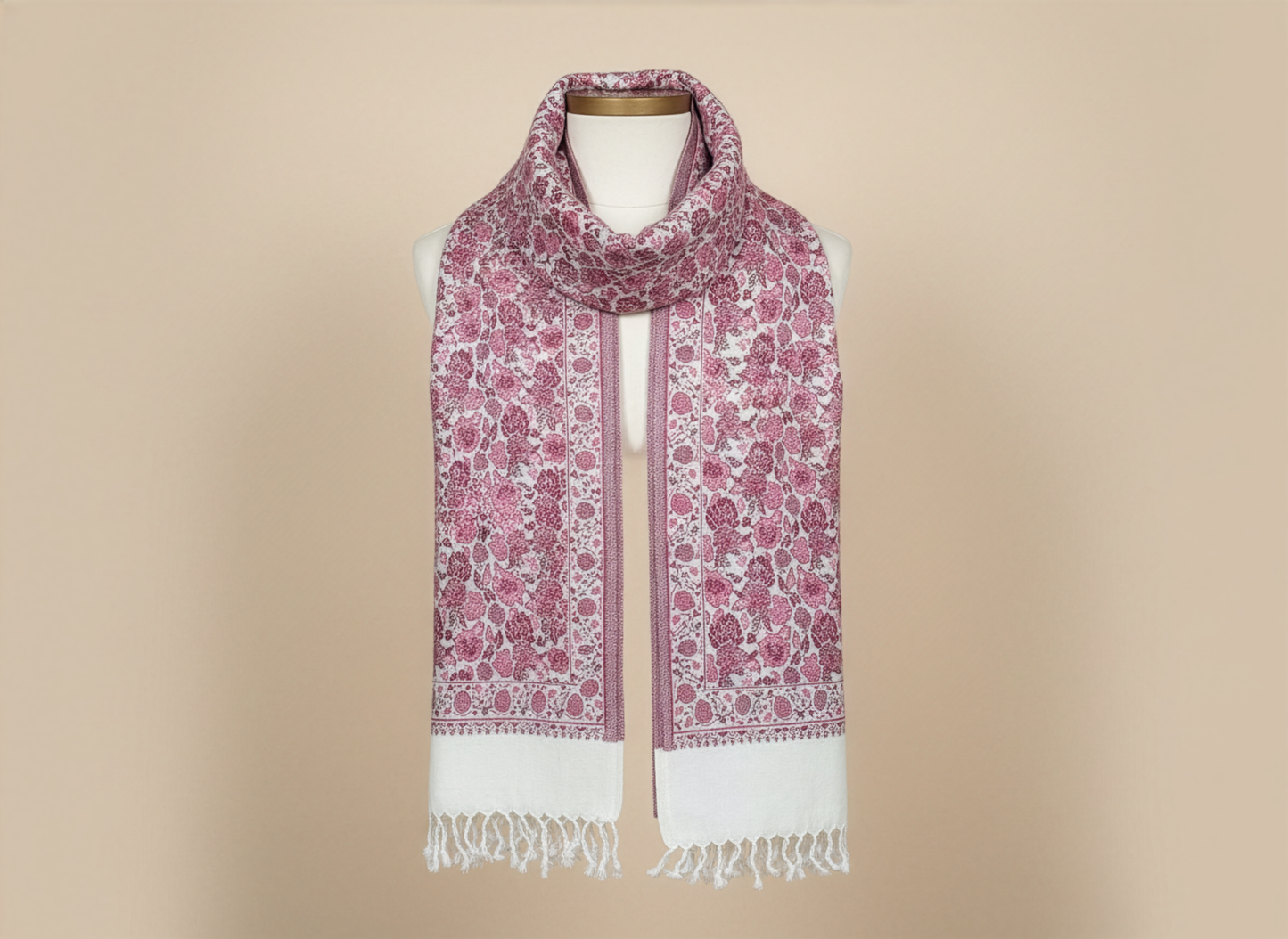 Rose Pink Acrylic Floral Jacquard Stole with White Tassel Hem