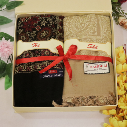 He & She Stole Gift Set – Bamboo & Acrylic Kashmiri Stoles | Elegant Couple Shawl Set | Made in India