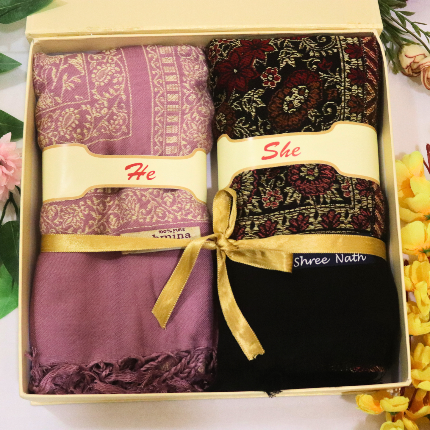 He & She Stole Gift Set – Bamboo & Pashmina Stoles | Premium Couple Shawl Set | Made in India