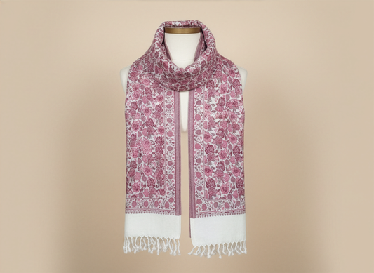 Rose Pink Acrylic Floral Jacquard Stole with White Tassel Hem
