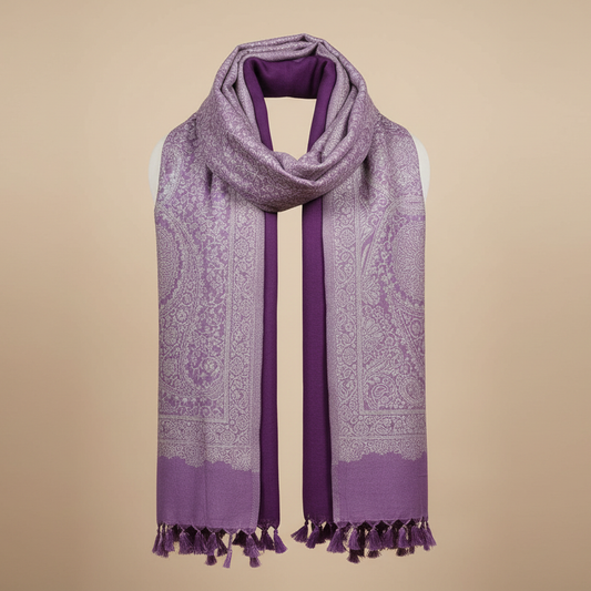Elegant Purple Acrylic Jacquard Stole with Intricate Border & Tassels