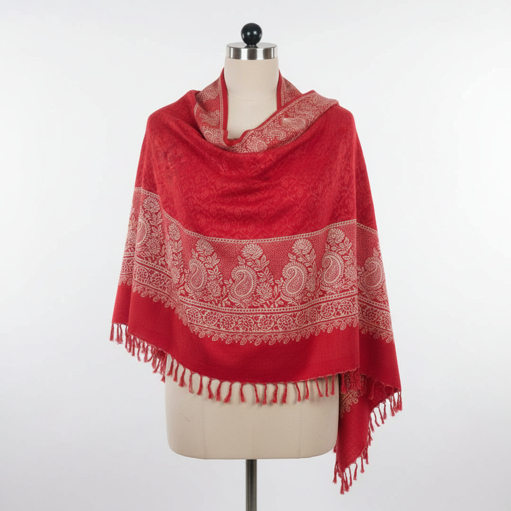 Vibrant Red Acrylic Jacquard Stole with Paisley Border & Tassels