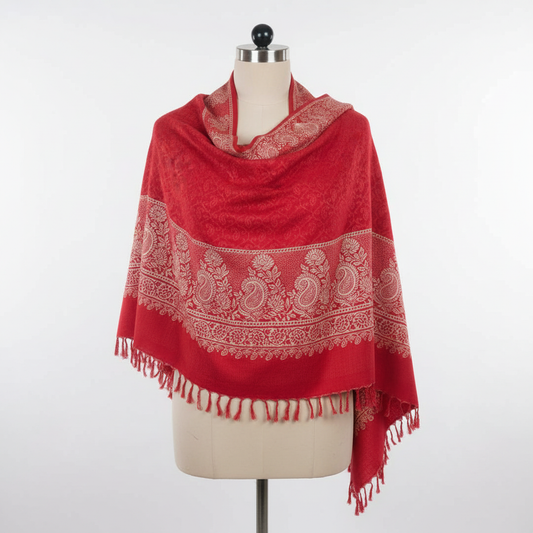Vibrant Red Acrylic Jacquard Stole with Paisley Border & Tassels