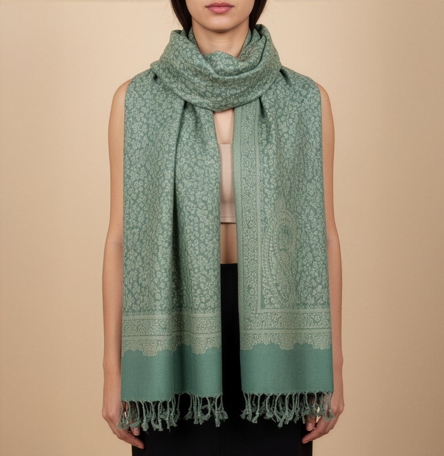 Sage Green Acrylic Jacquard Stole with Intricate Paisley Pattern & Tassels