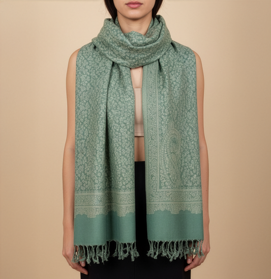 Sage Green Acrylic Jacquard Stole with Intricate Paisley Pattern & Tassels