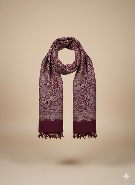 Maroon Acrylic Jacquard Stole with Intricate Paisley Weave